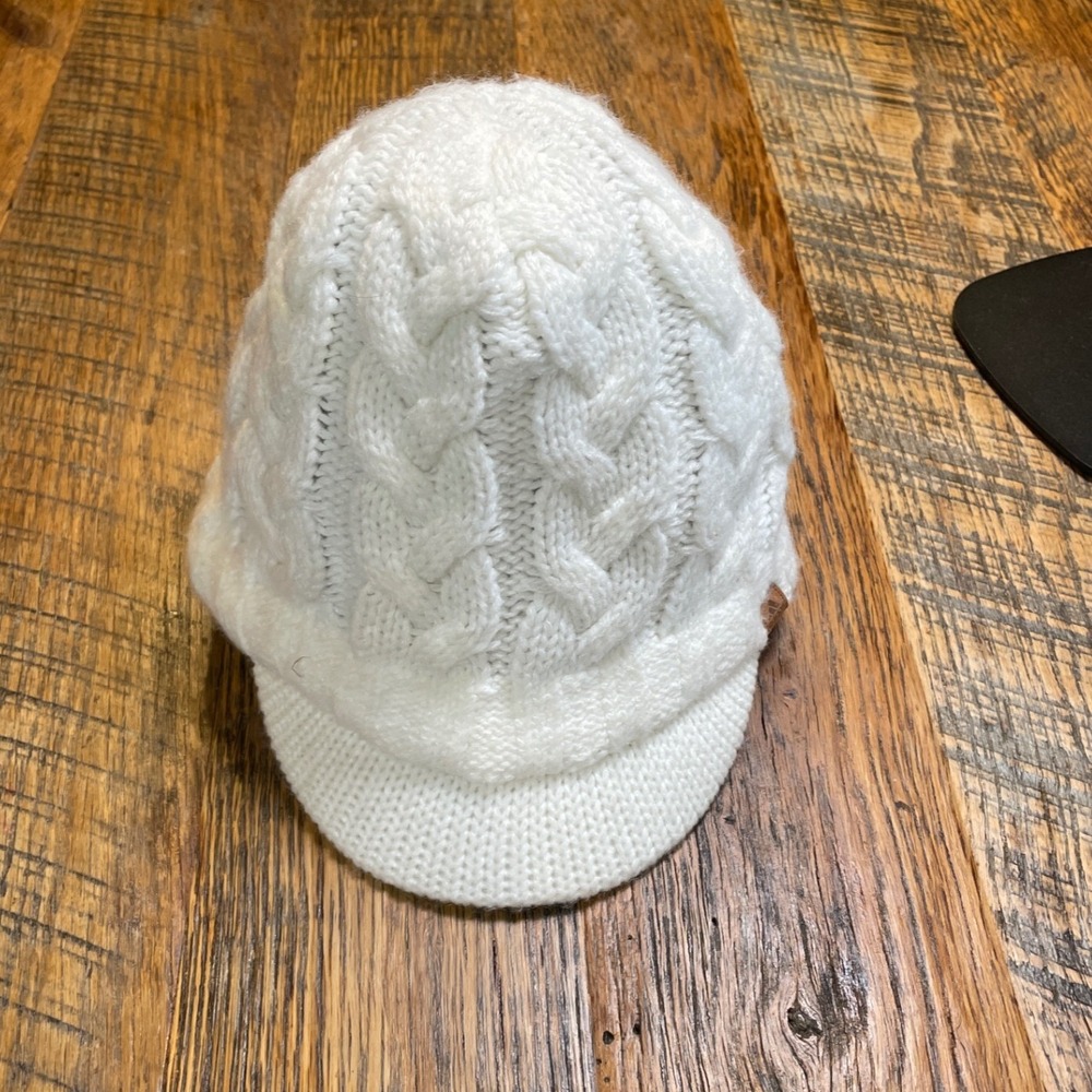 White Cable Knit Newsboy Beanie Hat with Brim Winter Visor Cap